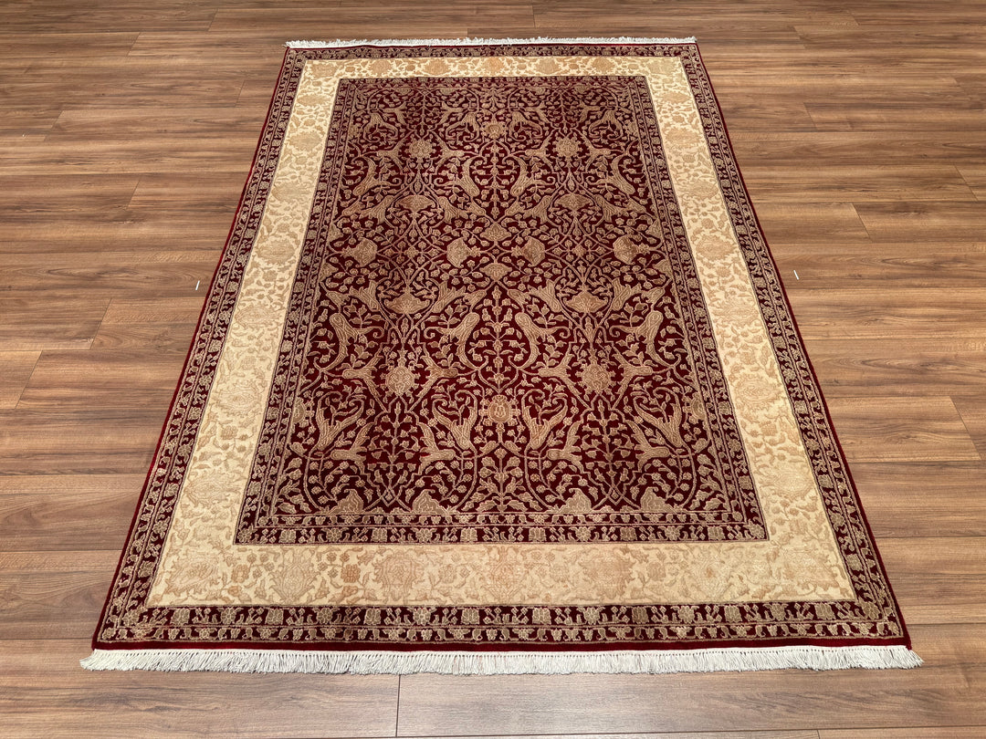 Indian Owl Original Hand Woven Cream Red Wool Bamboo Carpet 165x239 3.94 Square Meters - 5x8 ft