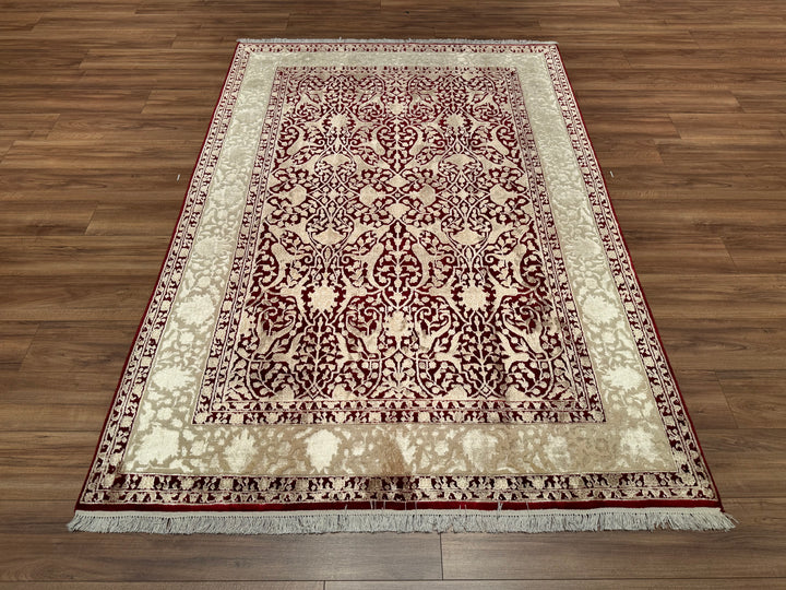 Indian Owl Original Hand Woven Cream Red Wool Bamboo Carpet 165x239 3.94 Square Meters - 5x8 ft