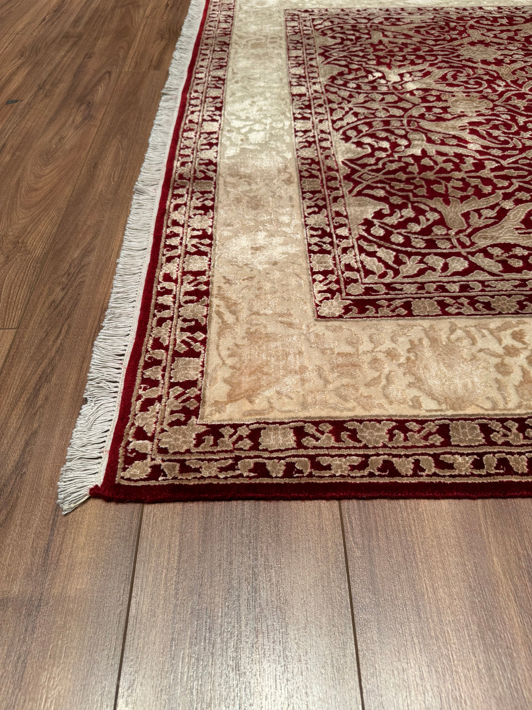 Indian Owl Original Hand Woven Cream Red Wool Bamboo Carpet 165x239 3.94 Square Meters - 5x8 ft