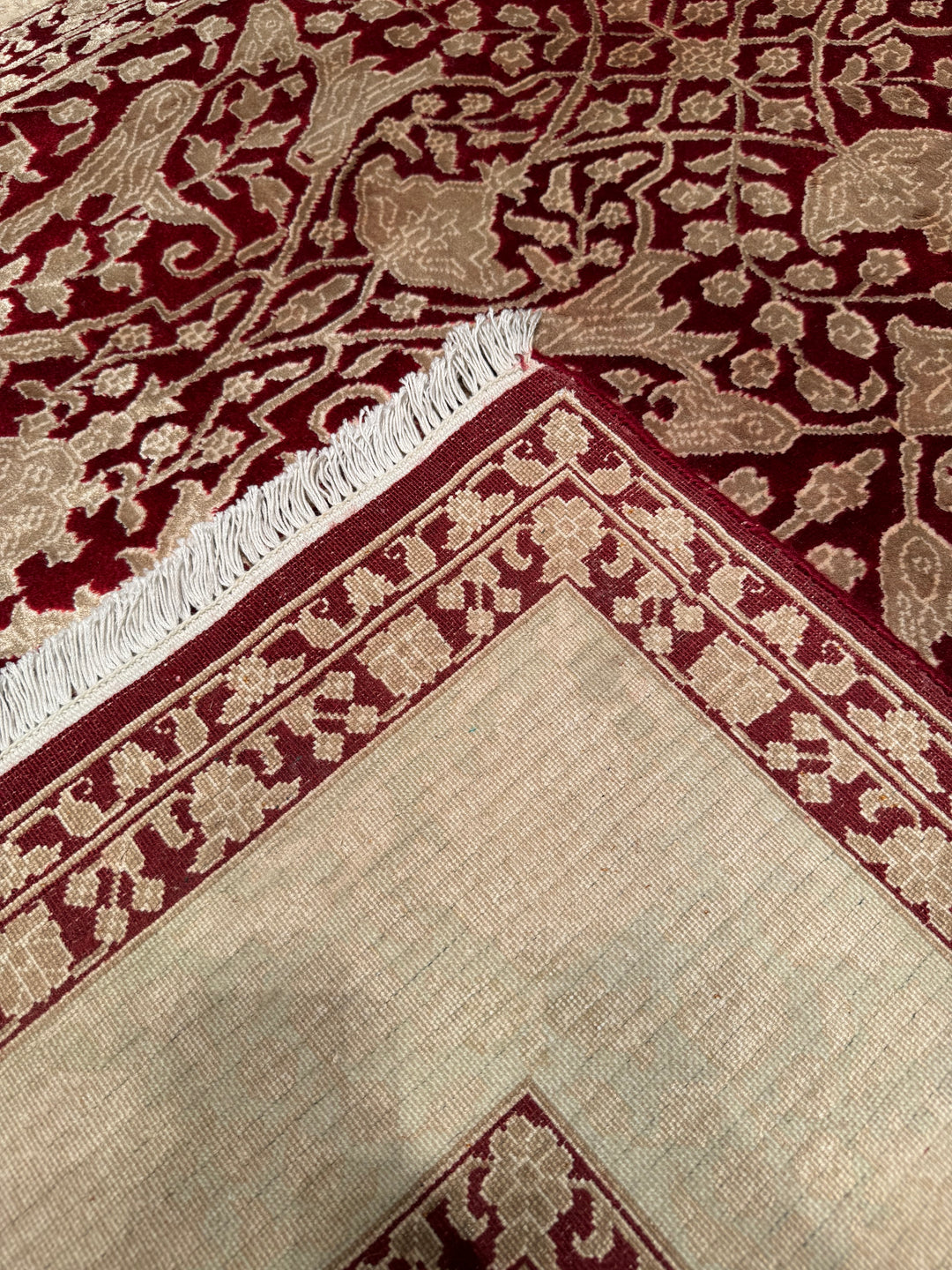 Indian Owl Original Hand Woven Cream Red Wool Bamboo Carpet 165x239 3.94 Square Meters - 5x8 ft