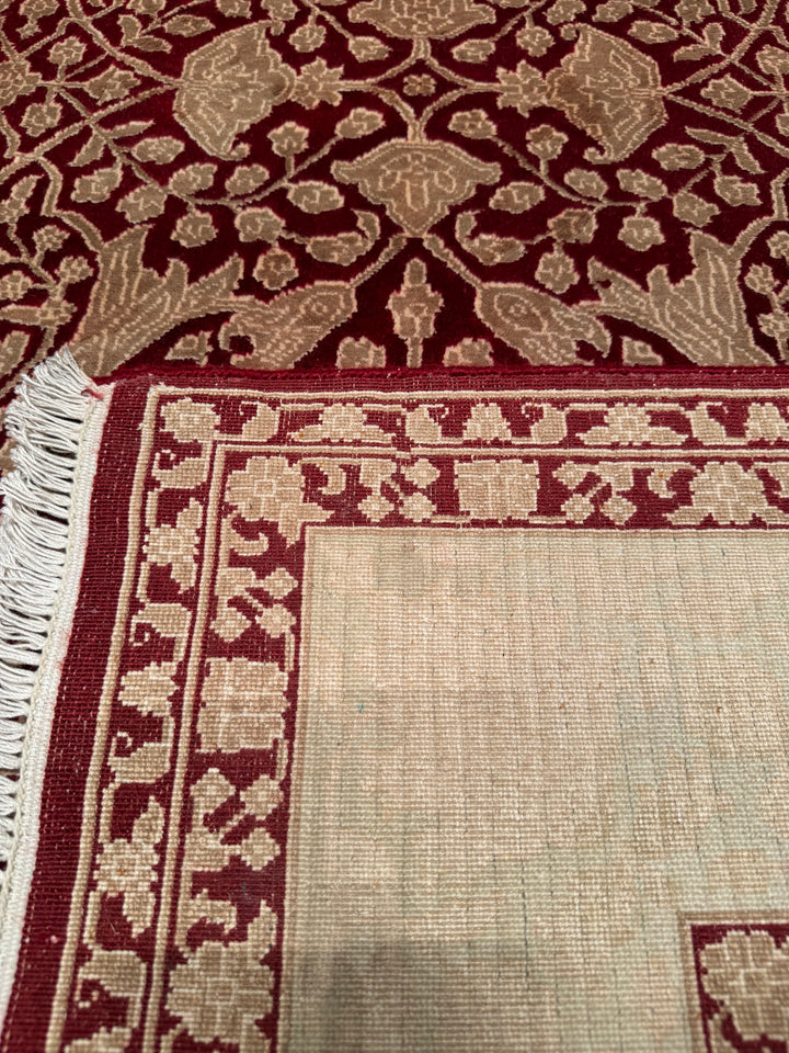 Indian Owl Original Hand Woven Cream Red Wool Bamboo Carpet 165x239 3.94 Square Meters - 5x8 ft