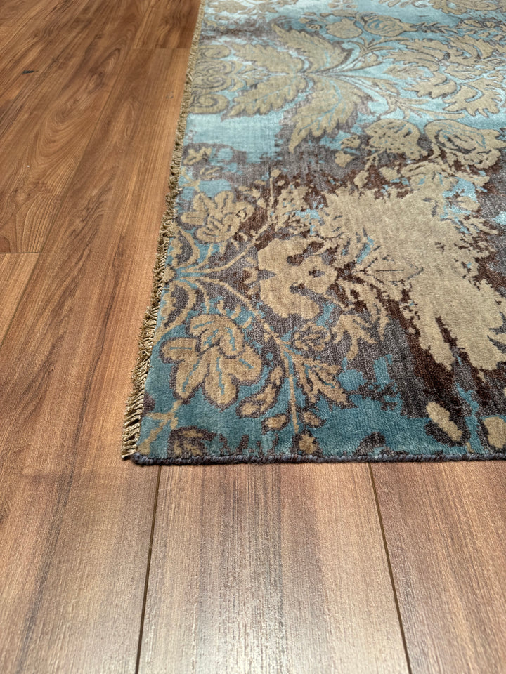 Fendi Original Hand Woven Turquoise Gray Wool Bamboo Carpet 178x240 4.27 Square Meters - 5x8 ft