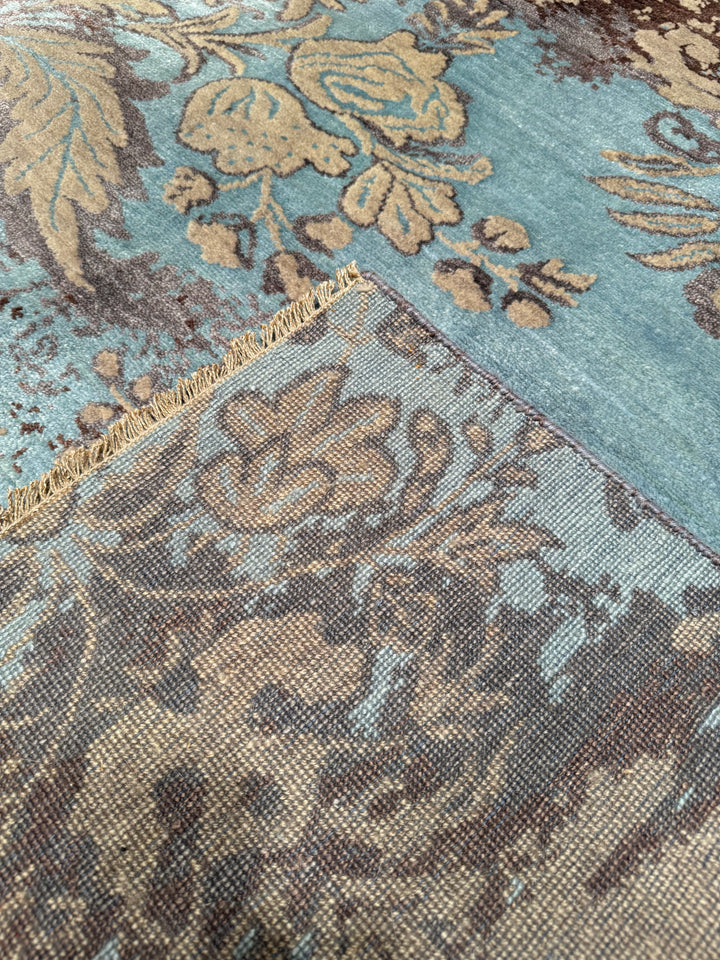 Fendi Original Hand Woven Turquoise Gray Wool Bamboo Carpet 178x240 4.27 Square Meters - 5x8 ft