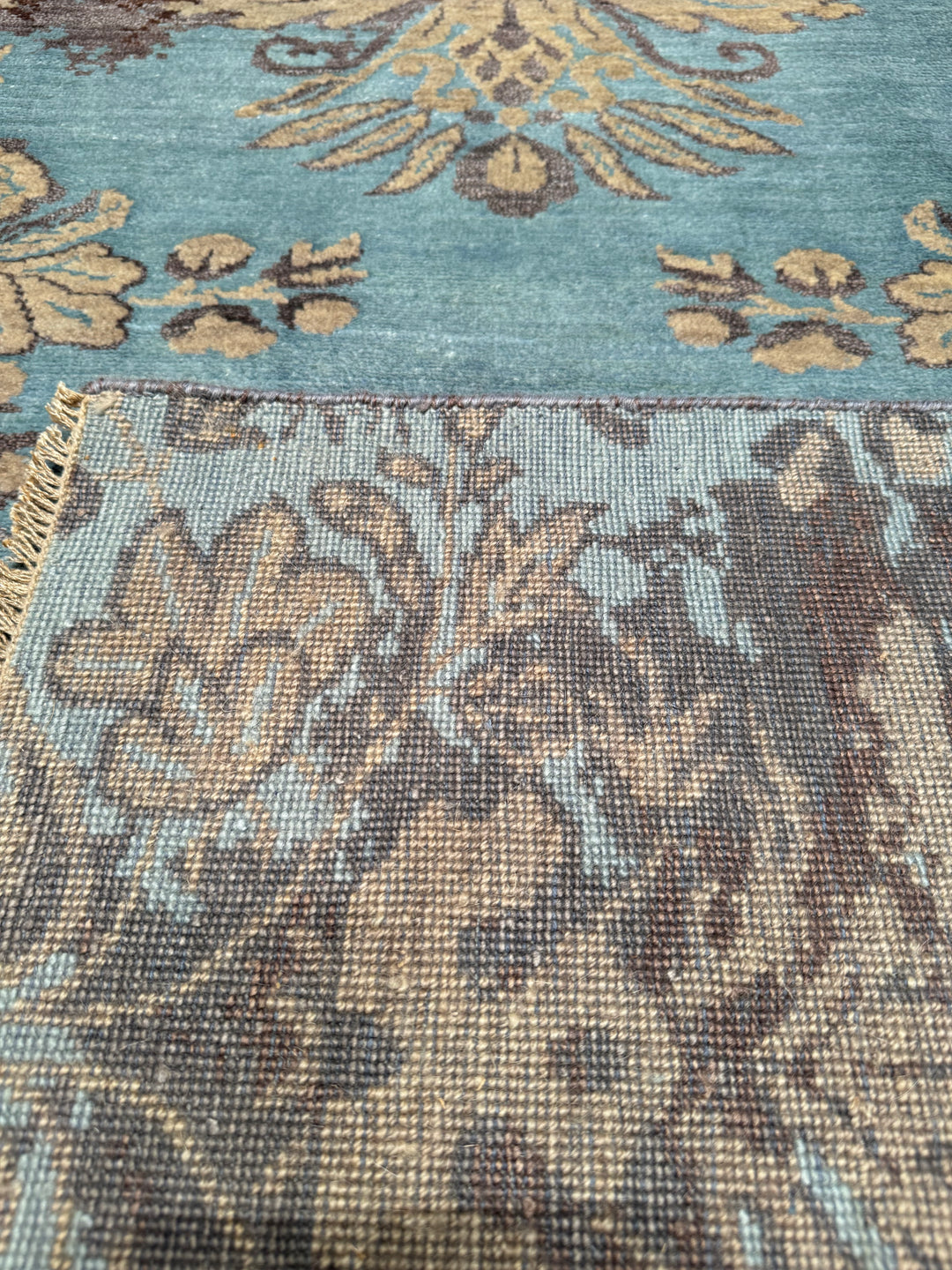 Fendi Original Hand Woven Turquoise Gray Wool Bamboo Carpet 178x240 4.27 Square Meters - 5x8 ft