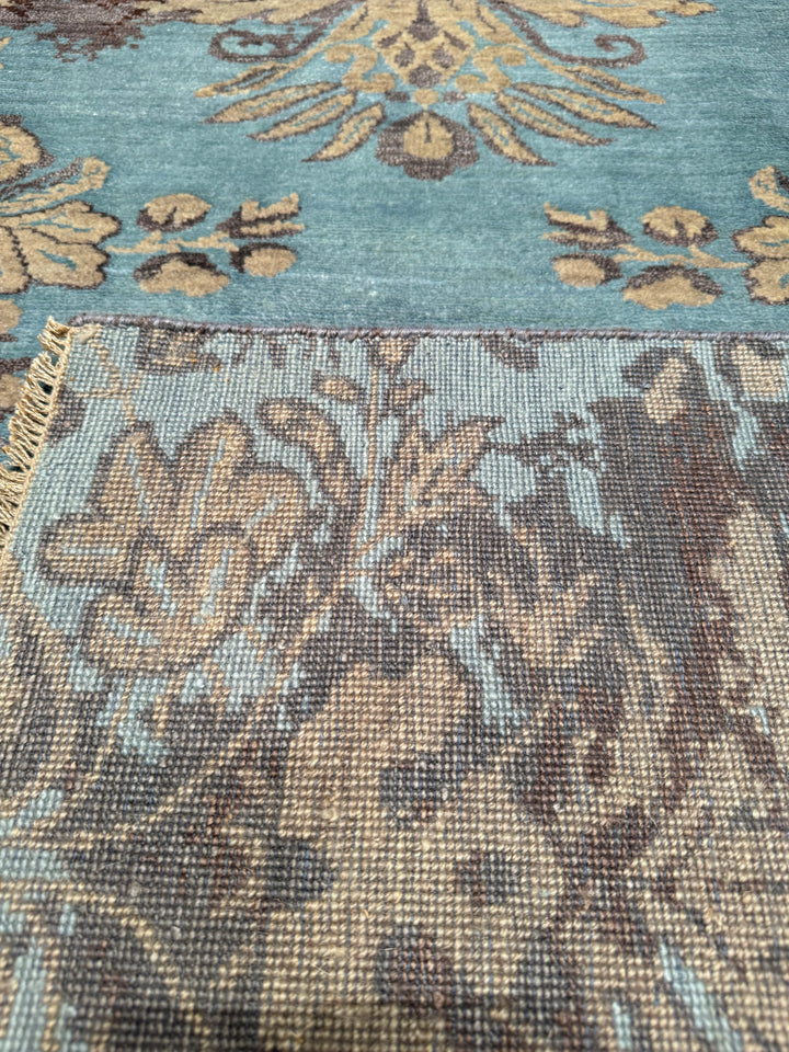 Fendi Original Hand Woven Turquoise Gray Wool Bamboo Carpet 178x240 4.27 Square Meters - 5x8 ft