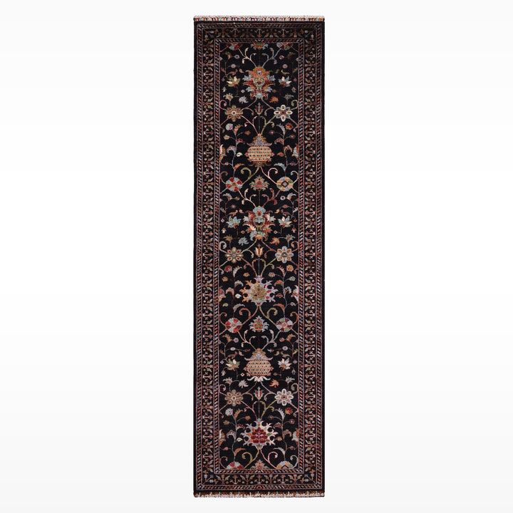 Sultani One Thousand and One Nights Runner Rug, Original Handwoven Black Natural Dye Wool Carpet, 0.83x309 cm (2.56 square meters) - 3x10 ft 
