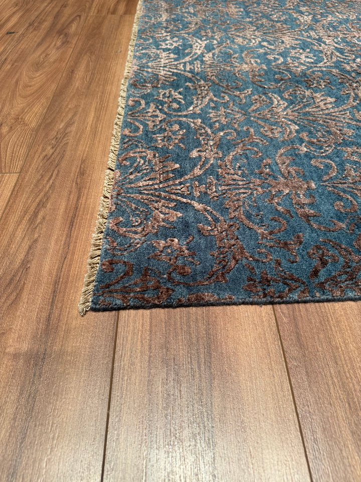 Fendi Original Hand Woven Gray Turquoise Wool Bamboo Carpet 171x238 4.07 Square Meters - 5x8 ft