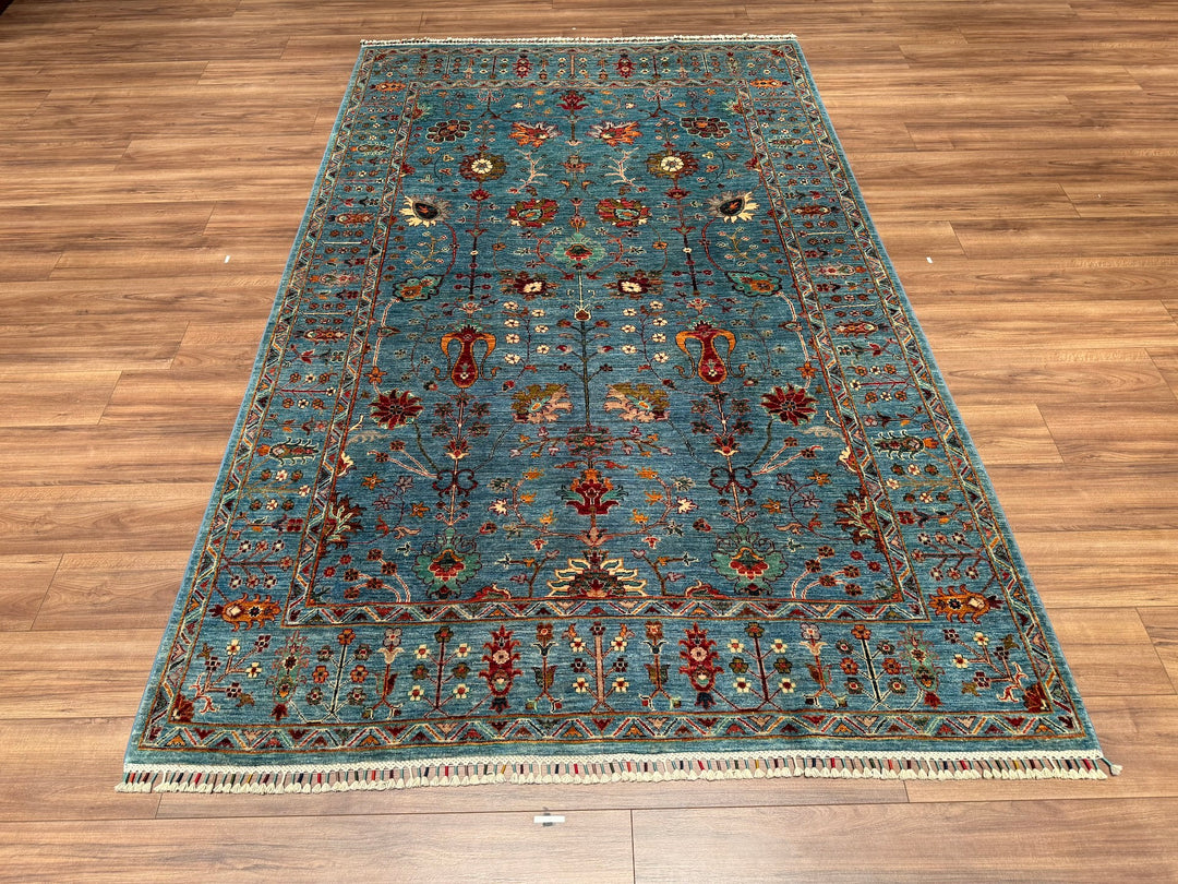 Sultani Çiçekli Orjinal El Dokuması Turkuaz Kök Boya Yün Halı 181x284 5.14 Metrekare - 6x9 ft