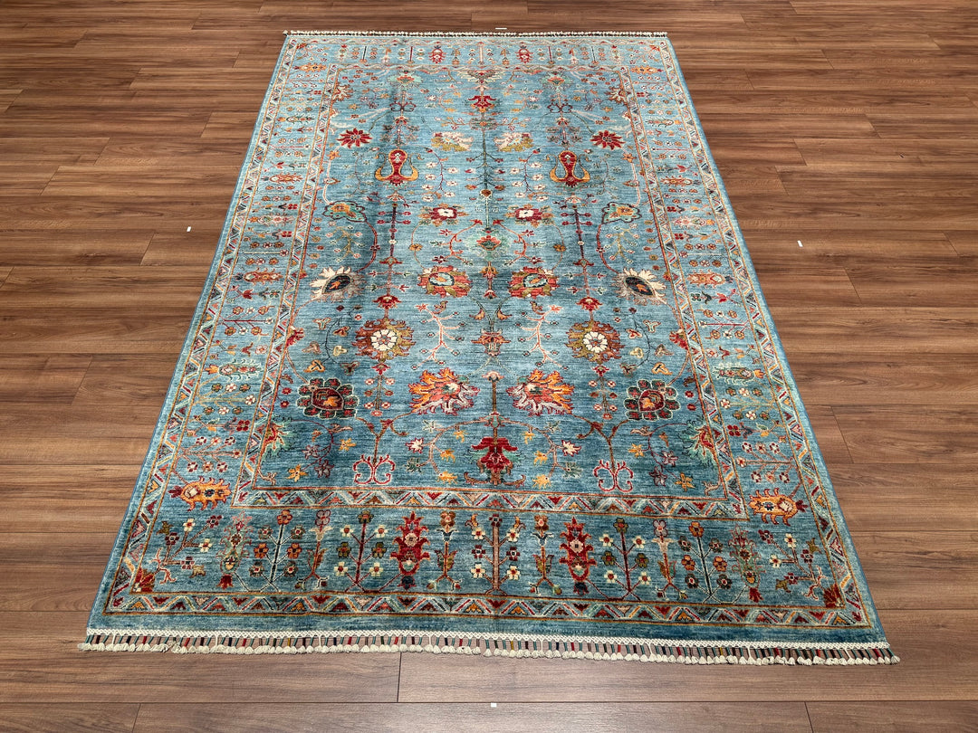 Sultani Çiçekli Orjinal El Dokuması Turkuaz Kök Boya Yün Halı 181x284 5.14 Metrekare - 6x9 ft