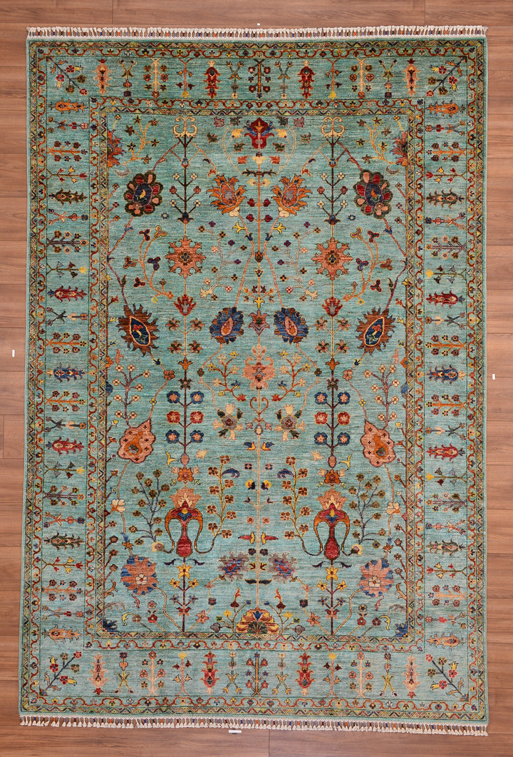 Sultani Floral Original Hand Woven Turquoise Vegetable Dyed Wool Carpet 204x296 6.04 Square Meters - 6x10 ft