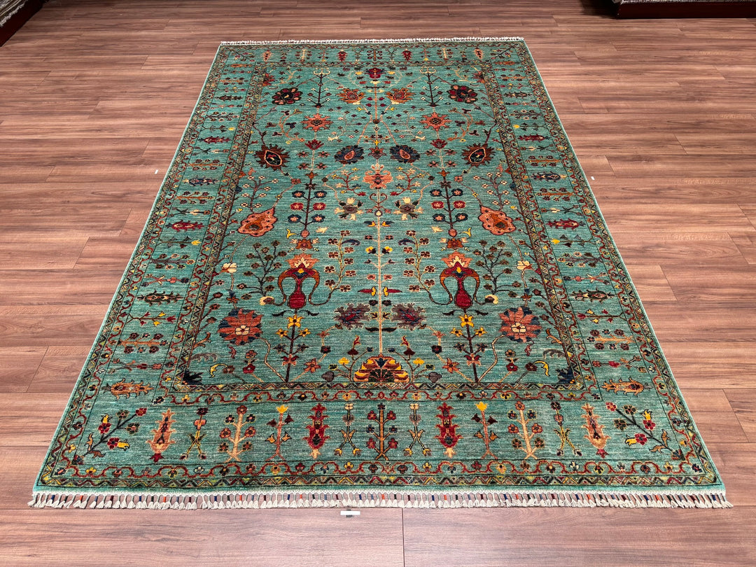 Sultani Floral Original Hand Woven Turquoise Vegetable Dyed Wool Carpet 204x296 6.04 Square Meters - 6x10 ft