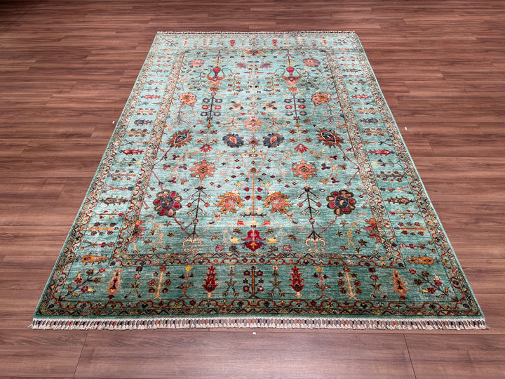 Sultani Floral Original Hand Woven Turquoise Vegetable Dyed Wool Carpet 204x296 6.04 Square Meters - 6x10 ft