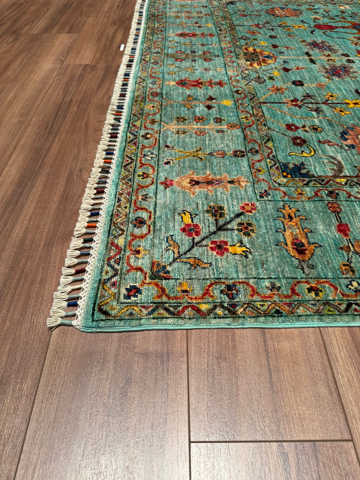 Sultani Floral Original Hand Woven Turquoise Vegetable Dyed Wool Carpet 204x296 6.04 Square Meters - 6x10 ft