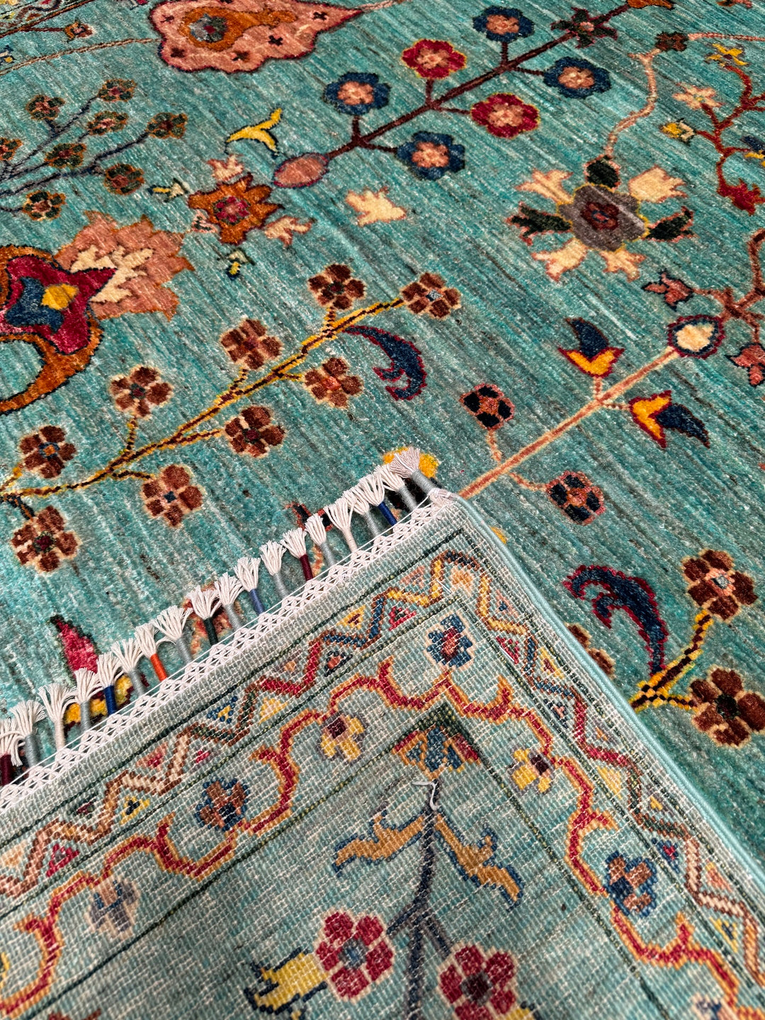 Sultani Floral Original Hand Woven Turquoise Vegetable Dyed Wool Carpet 204x296 6.04 Square Meters - 6x10 ft