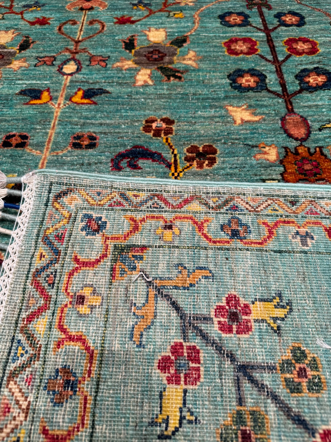 Sultani Floral Original Hand Woven Turquoise Vegetable Dyed Wool Carpet 204x296 6.04 Square Meters - 6x10 ft