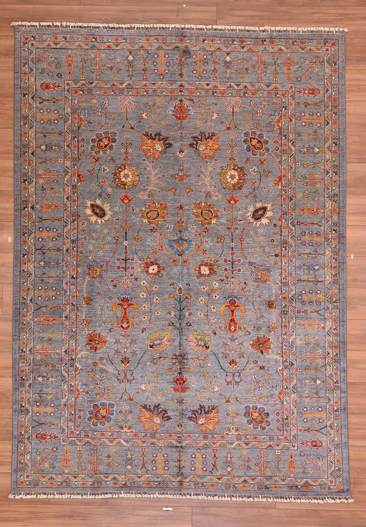 Sultani Floral Original Hand Woven Gray Vegetable Dyed Wool Carpet 206x284 5.85 Square Meters - 6x9 ft