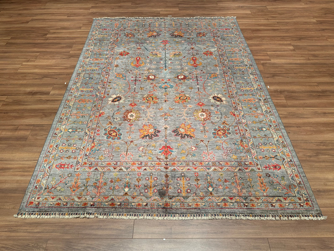 Sultani Çiçekli Orjinal El Dokuması Gri Kök Boya Yün Halı 206x284 5.85 Metrekare - 6x9 ft