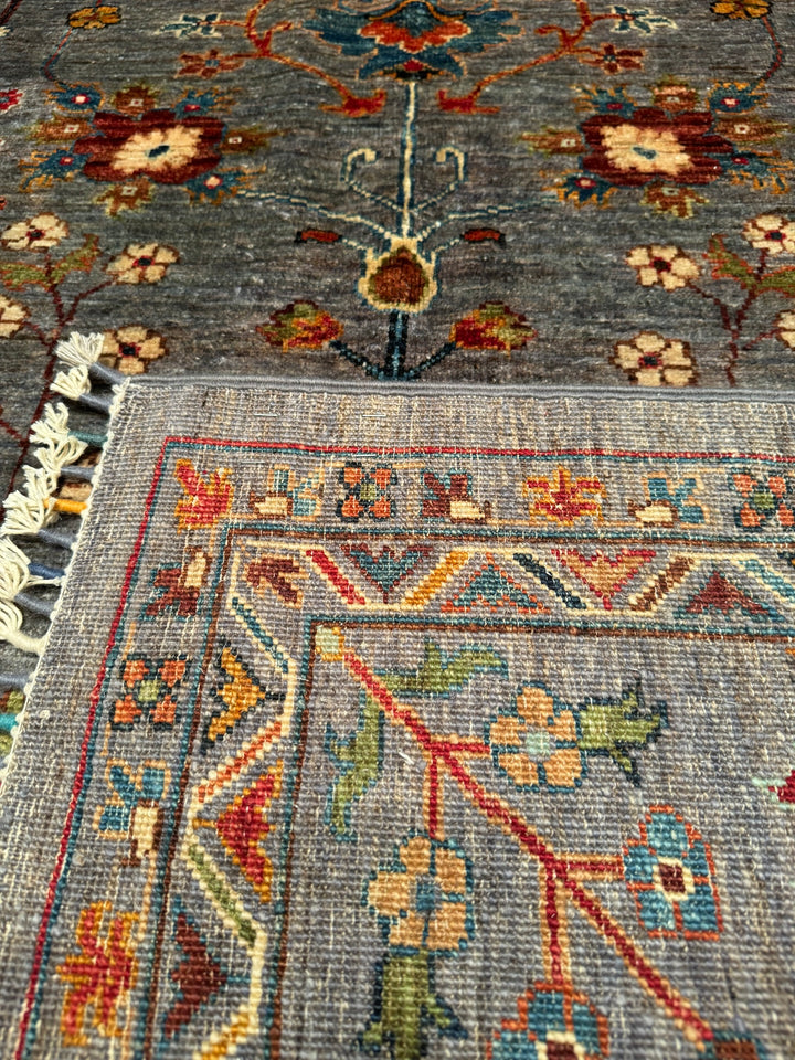 Sultani Floral Original Hand Woven Gray Vegetable Dyed Wool Carpet 206x284 5.85 Square Meters - 6x9 ft