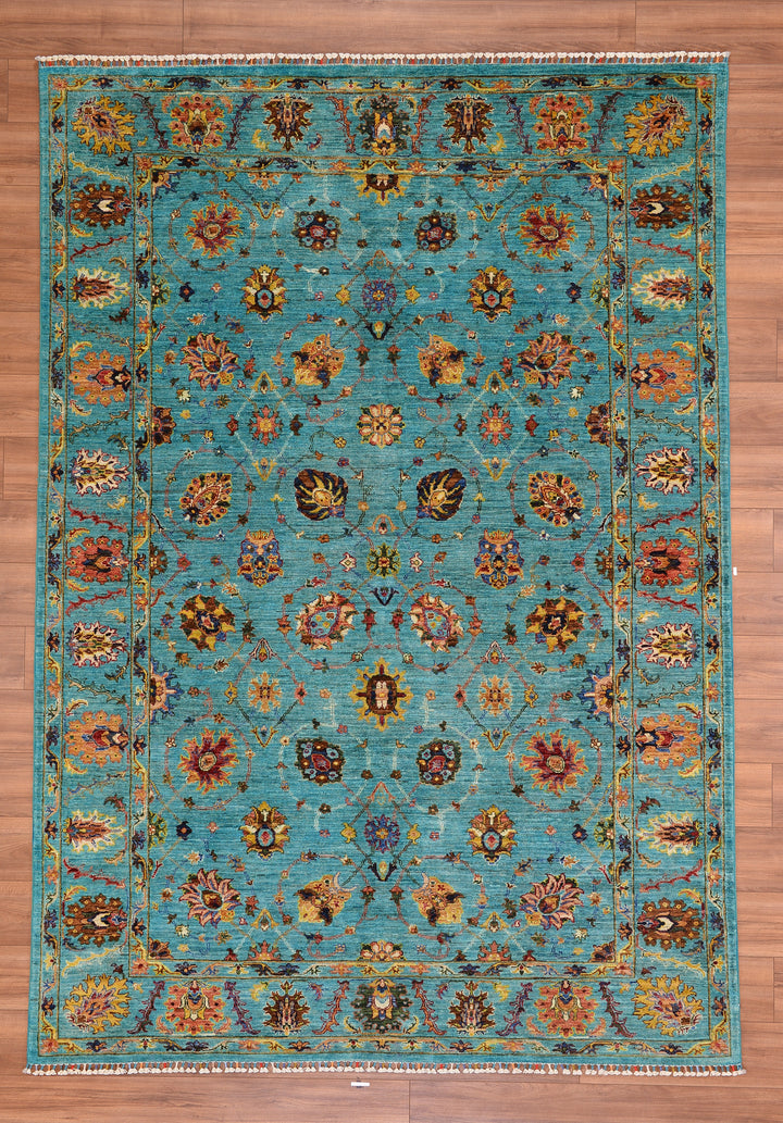 Sultani Binbirgece Original Hand Woven Turquoise Vegetable Dyed Wool Carpet 211x302 6.37 Square Meters - 7x10 ft