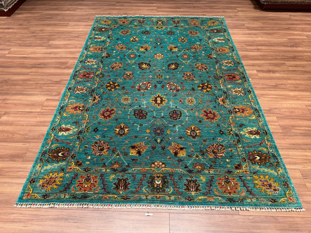 Sultani Binbirgece Orjinal El Dokuması Turkuaz Kök Boya Yün Halı 211x302 6.37 Metrekare - 7x10 ft