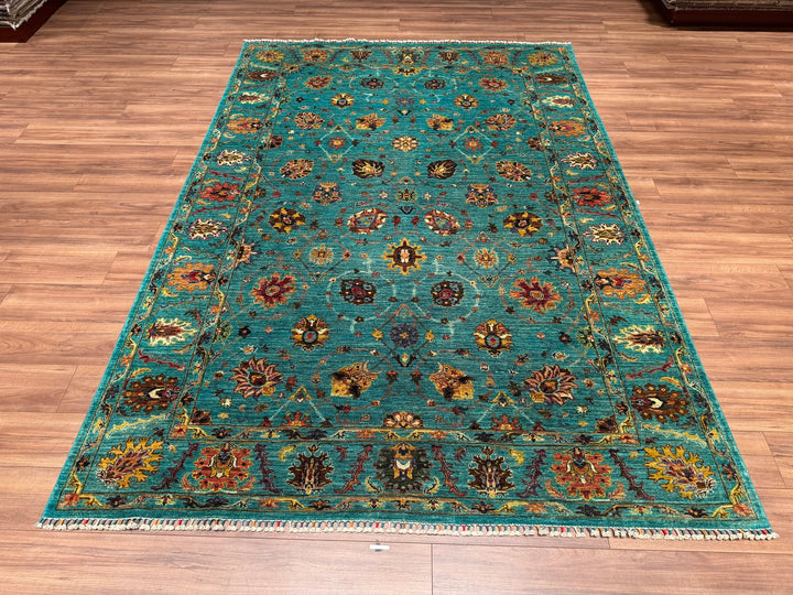 Sultani Binbirgece Original Hand Woven Turquoise Vegetable Dyed Wool Carpet 211x302 6.37 Square Meters - 7x10 ft