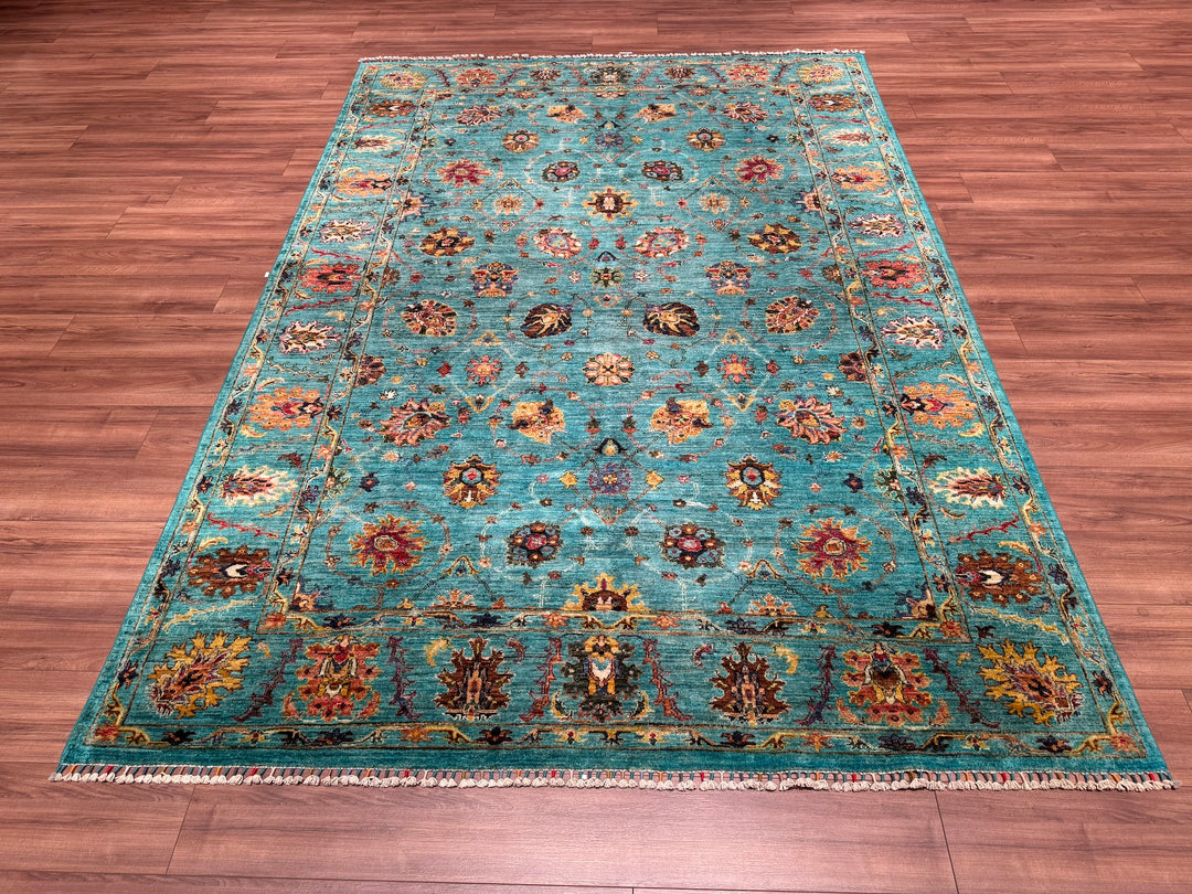 Sultani Binbirgece Orjinal El Dokuması Turkuaz Kök Boya Yün Halı 211x302 6.37 Metrekare - 7x10 ft