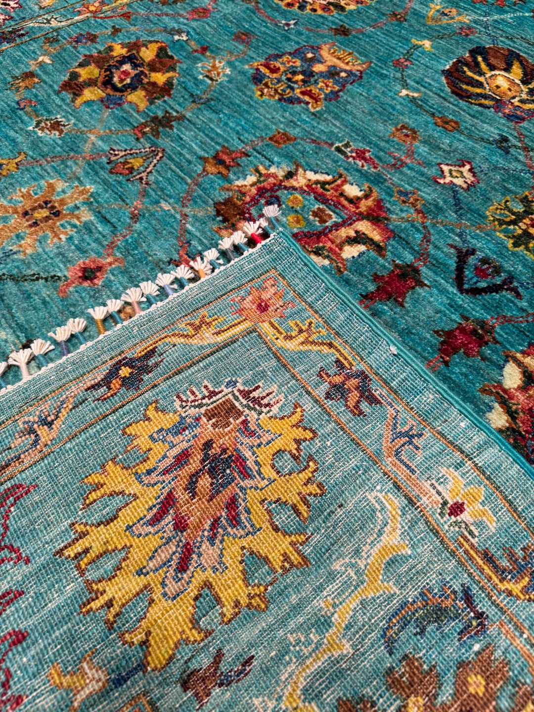 Sultani Binbirgece Original Hand Woven Turquoise Vegetable Dyed Wool Carpet 211x302 6.37 Square Meters - 7x10 ft