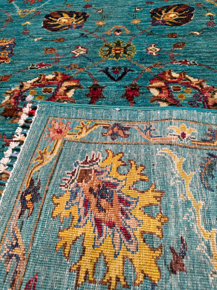 Sultani Binbirgece Original Hand Woven Turquoise Vegetable Dyed Wool Carpet 211x302 6.37 Square Meters - 7x10 ft