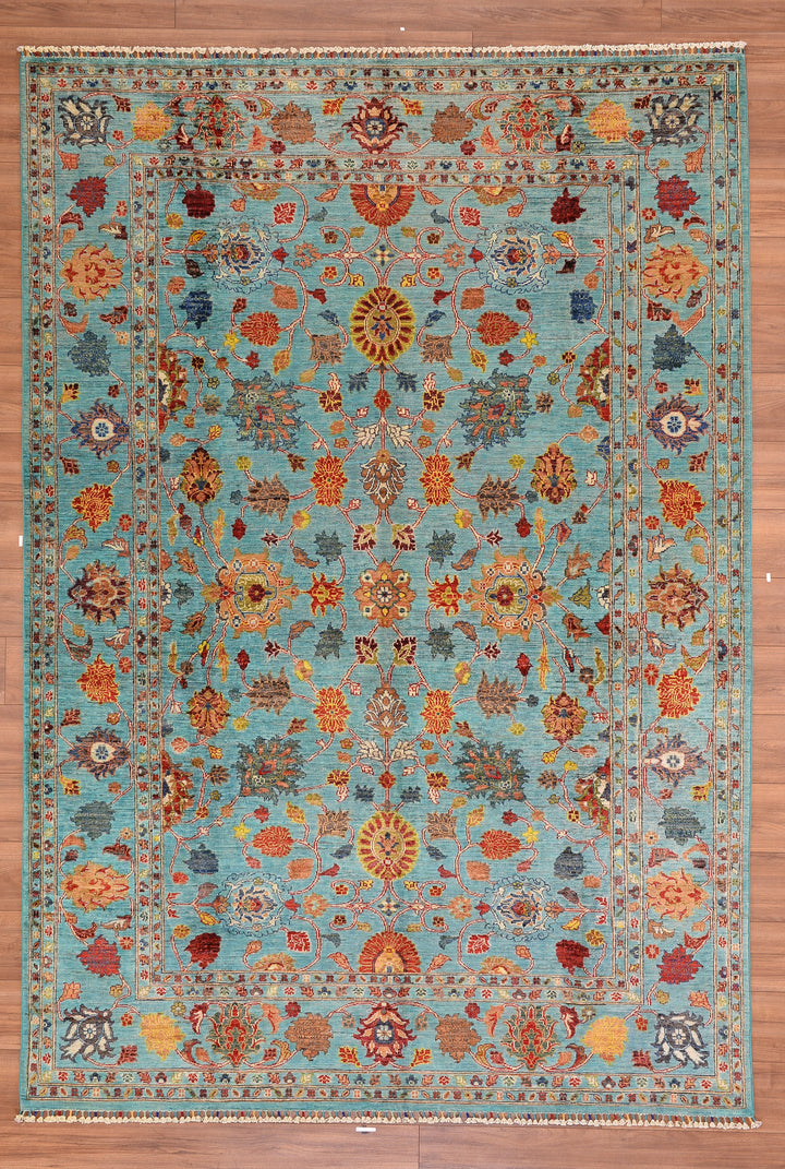 Sultani Binbirgece Original Hand Woven Turquoise Vegetable Dyed Wool Carpet 206x296 6.10 Square Meters - 7x10 ft