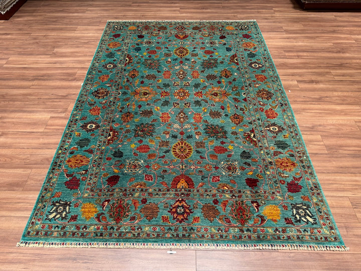 Sultani Binbirgece Original Hand Woven Turquoise Vegetable Dyed Wool Carpet 206x296 6.10 Square Meters - 7x10 ft