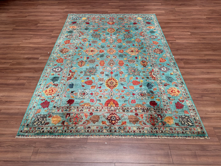 Sultani Binbirgece Original Hand Woven Turquoise Vegetable Dyed Wool Carpet 206x296 6.10 Square Meters - 7x10 ft