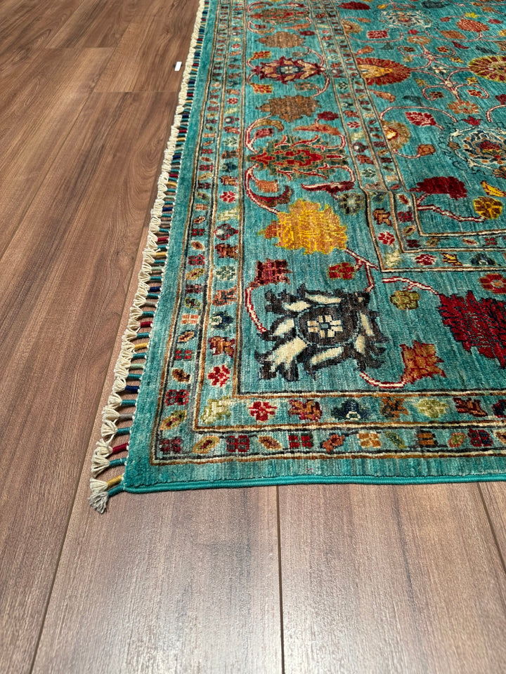 Sultani Binbirgece Original Hand Woven Turquoise Vegetable Dyed Wool Carpet 206x296 6.10 Square Meters - 7x10 ft