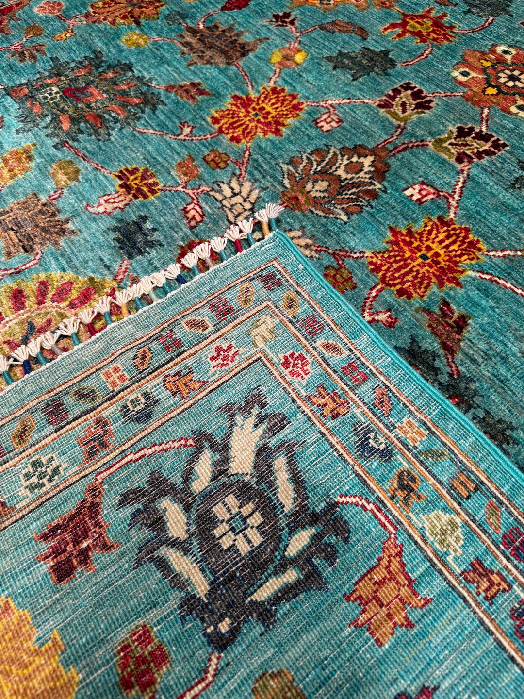 Sultani Binbirgece Original Hand Woven Turquoise Vegetable Dyed Wool Carpet 206x296 6.10 Square Meters - 7x10 ft