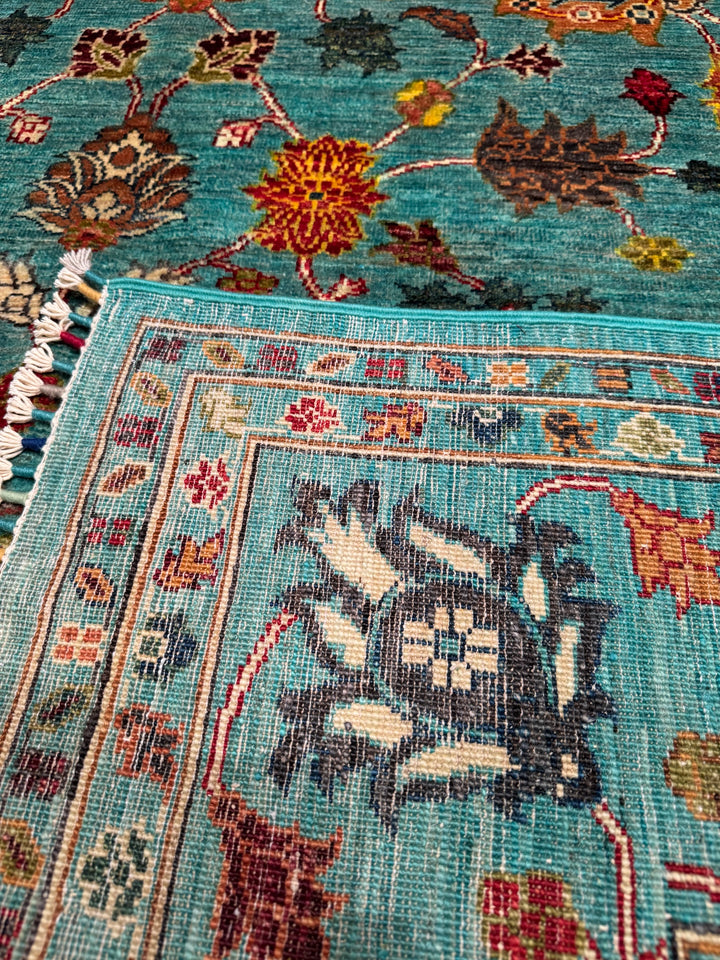 Sultani Binbirgece Original Hand Woven Turquoise Vegetable Dyed Wool Carpet 206x296 6.10 Square Meters - 7x10 ft