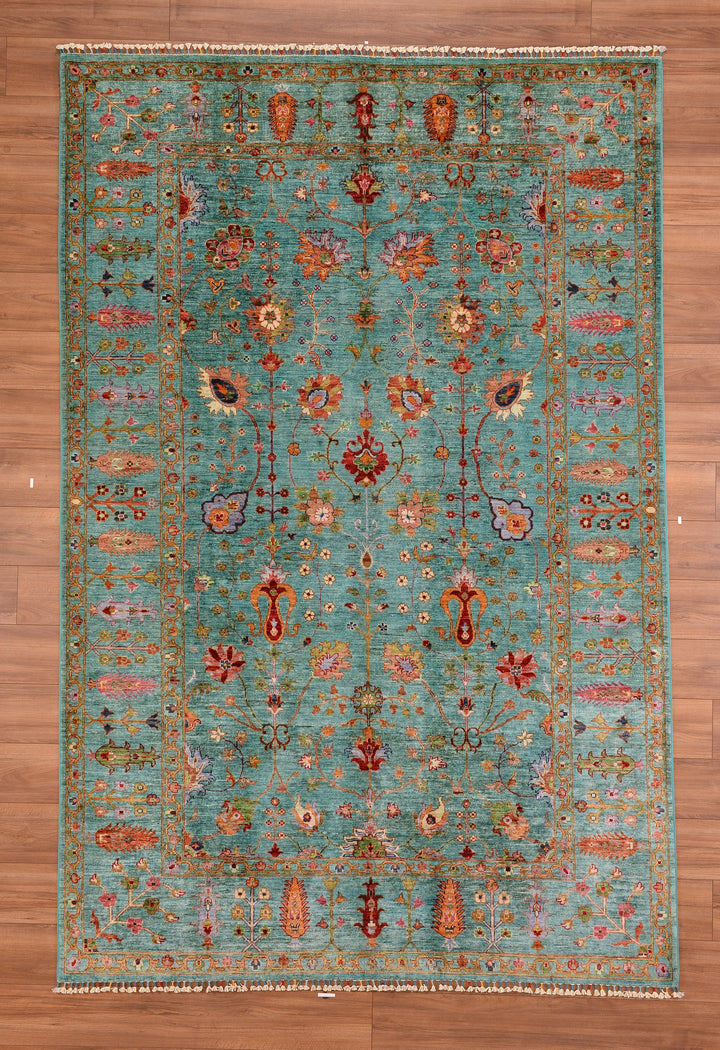 Sultani Floral Original Hand Woven Turquoise Vegetable Dyed Wool Carpet 196x301 5.90 Square Meters - 7x10 ft