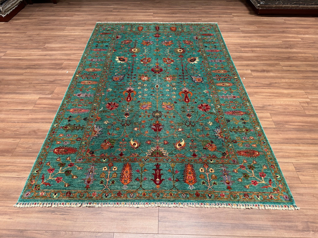 Sultani Çiçekli Orjinal El Dokuması Turkuaz Kök Boya Yün Halı 196x301 5.90 Metrekare - 7x10 ft