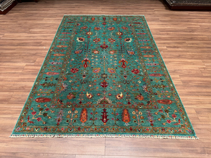 Sultani Floral Original Hand Woven Turquoise Vegetable Dyed Wool Carpet 196x301 5.90 Square Meters - 7x10 ft