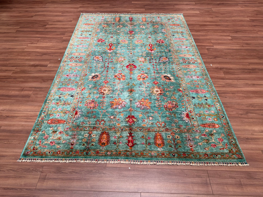 Sultani Floral Original Hand Woven Turquoise Vegetable Dyed Wool Carpet 196x301 5.90 Square Meters - 7x10 ft