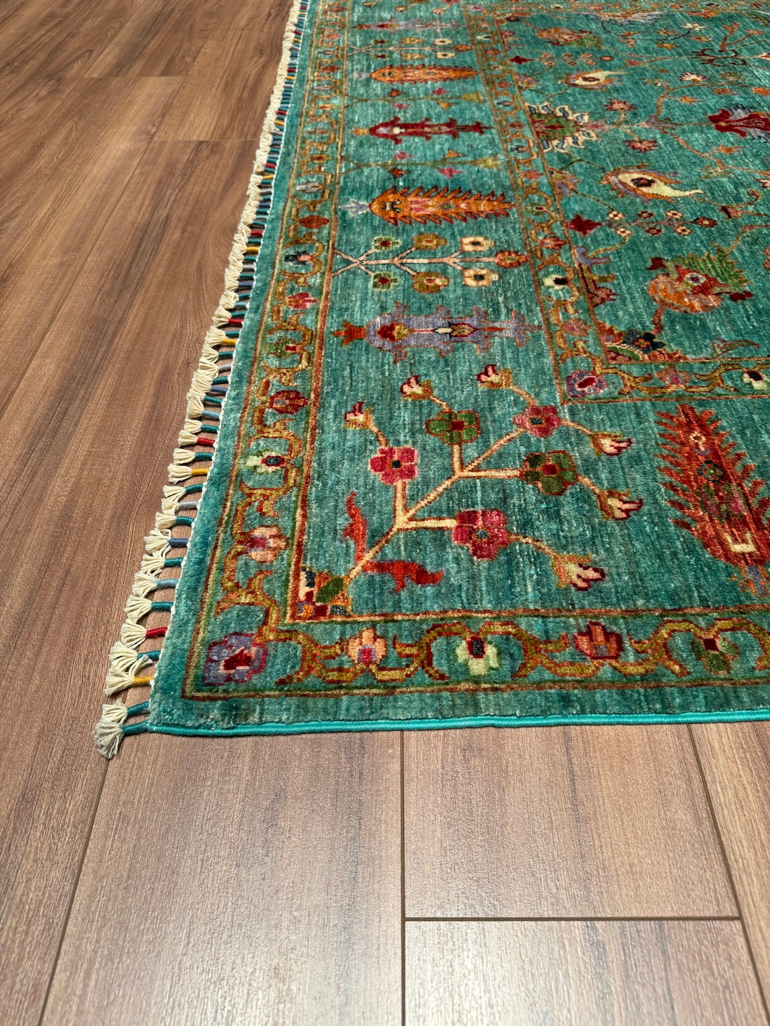 Sultani Floral Original Hand Woven Turquoise Vegetable Dyed Wool Carpet 196x301 5.90 Square Meters - 7x10 ft