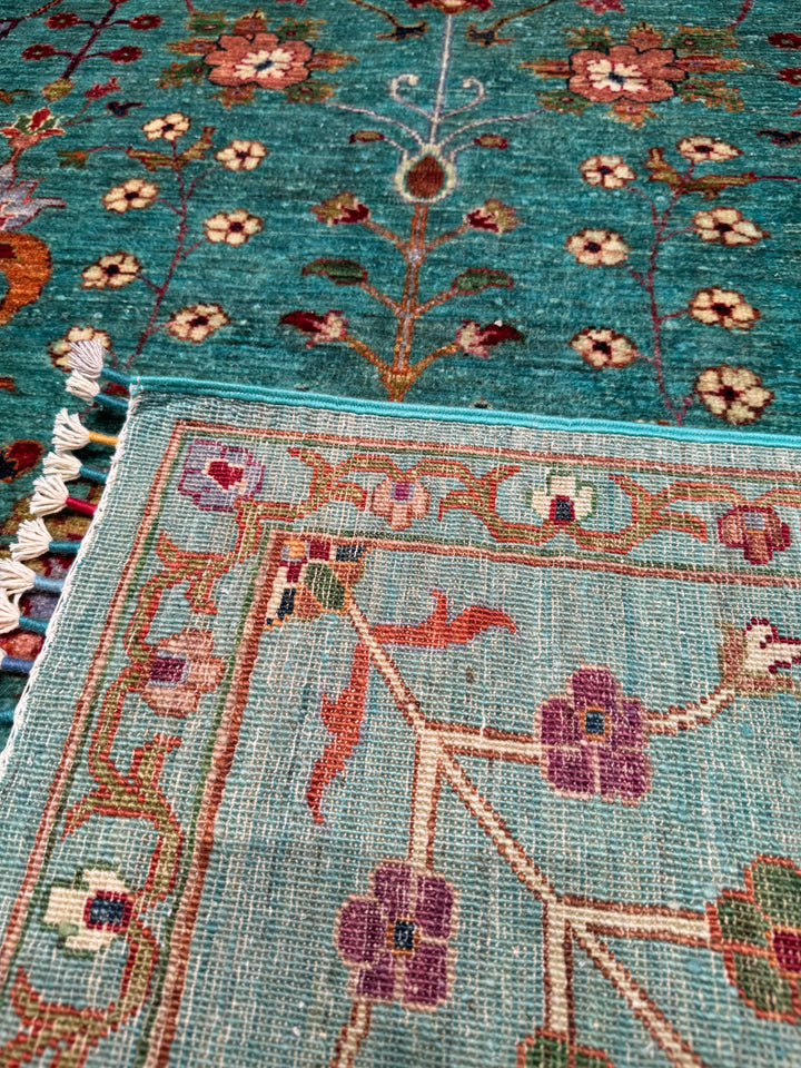 Sultani Floral Original Hand Woven Turquoise Vegetable Dyed Wool Carpet 196x301 5.90 Square Meters - 7x10 ft