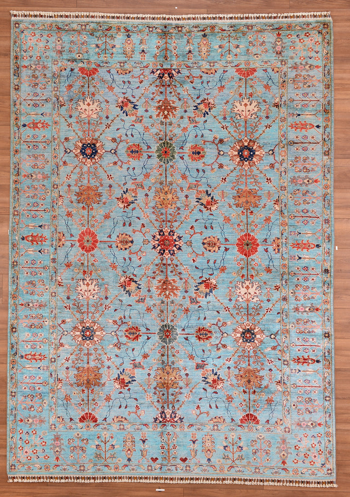 Sultani Binbirgece Original Hand Woven Turquoise Vegetable Dyed Wool Carpet 210x292 6.51 Square Meters - 7x10 ft