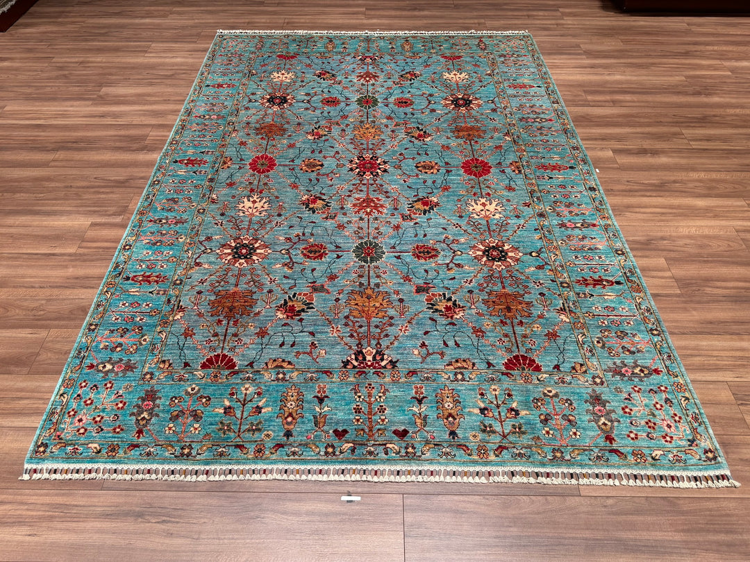 Sultani Binbirgece Original Hand Woven Turquoise Vegetable Dyed Wool Carpet 210x292 6.51 Square Meters - 7x10 ft