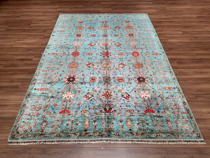 Sultani Binbirgece Original Hand Woven Turquoise Vegetable Dyed Wool Carpet 210x292 6.51 Square Meters - 7x10 ft