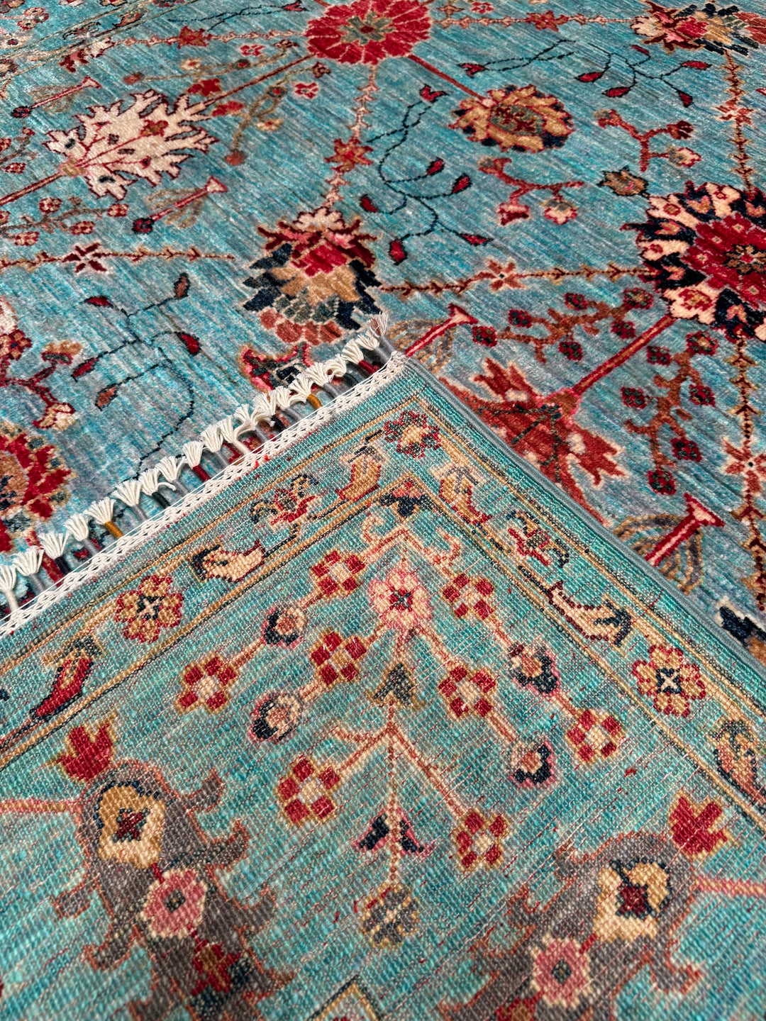 Sultani Binbirgece Original Hand Woven Turquoise Vegetable Dyed Wool Carpet 210x292 6.51 Square Meters - 7x10 ft