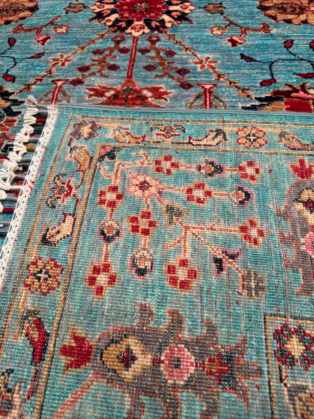 Sultani Binbirgece Original Hand Woven Turquoise Vegetable Dyed Wool Carpet 210x292 6.51 Square Meters - 7x10 ft