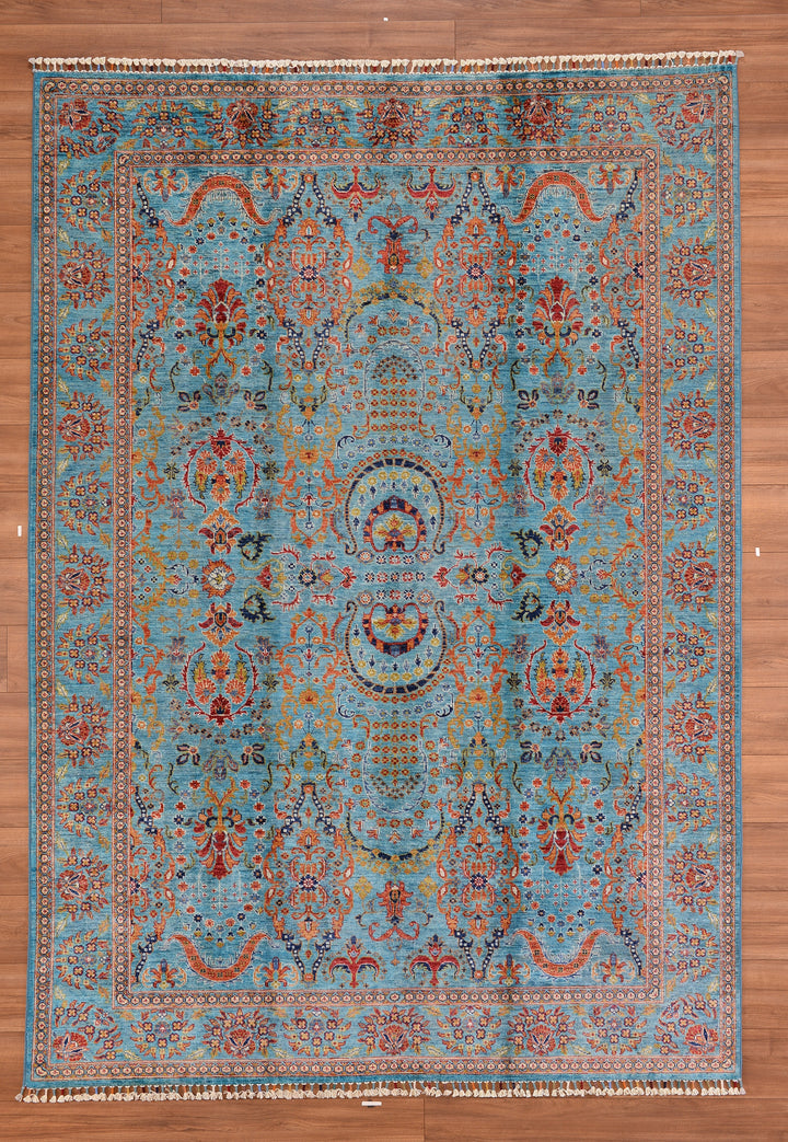 Sultani Binbirgece Original Hand Woven Turquoise Vegetable Dyed Wool Carpet 204x288 5.88 Square Meters - 7x10 ft