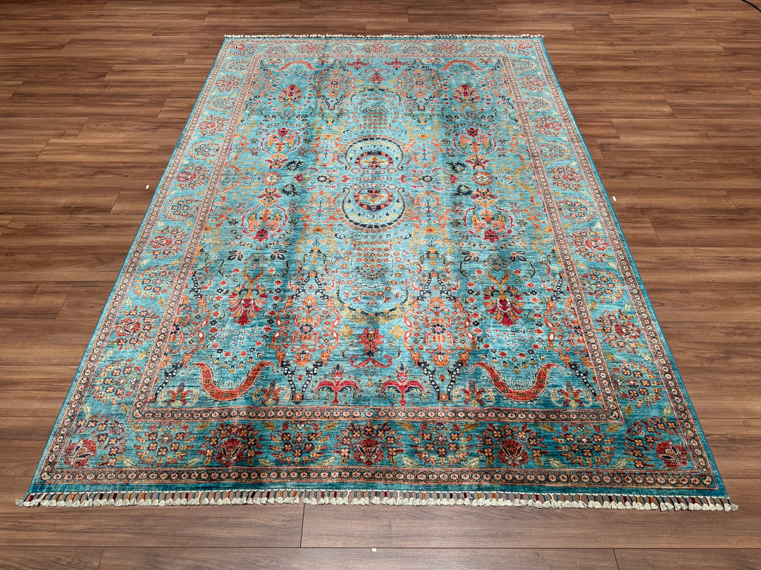 Sultani Binbirgece Original Hand Woven Turquoise Vegetable Dyed Wool Carpet 204x288 5.88 Square Meters - 7x10 ft