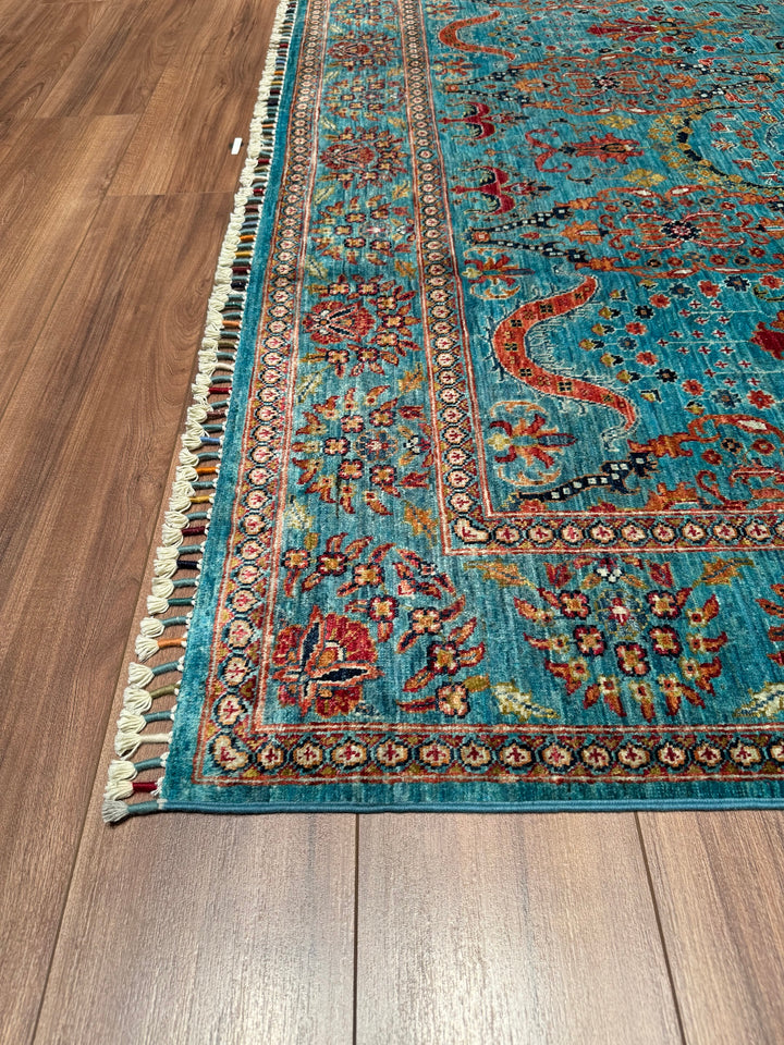 Sultani Binbirgece Original Hand Woven Turquoise Vegetable Dyed Wool Carpet 204x288 5.88 Square Meters - 7x10 ft