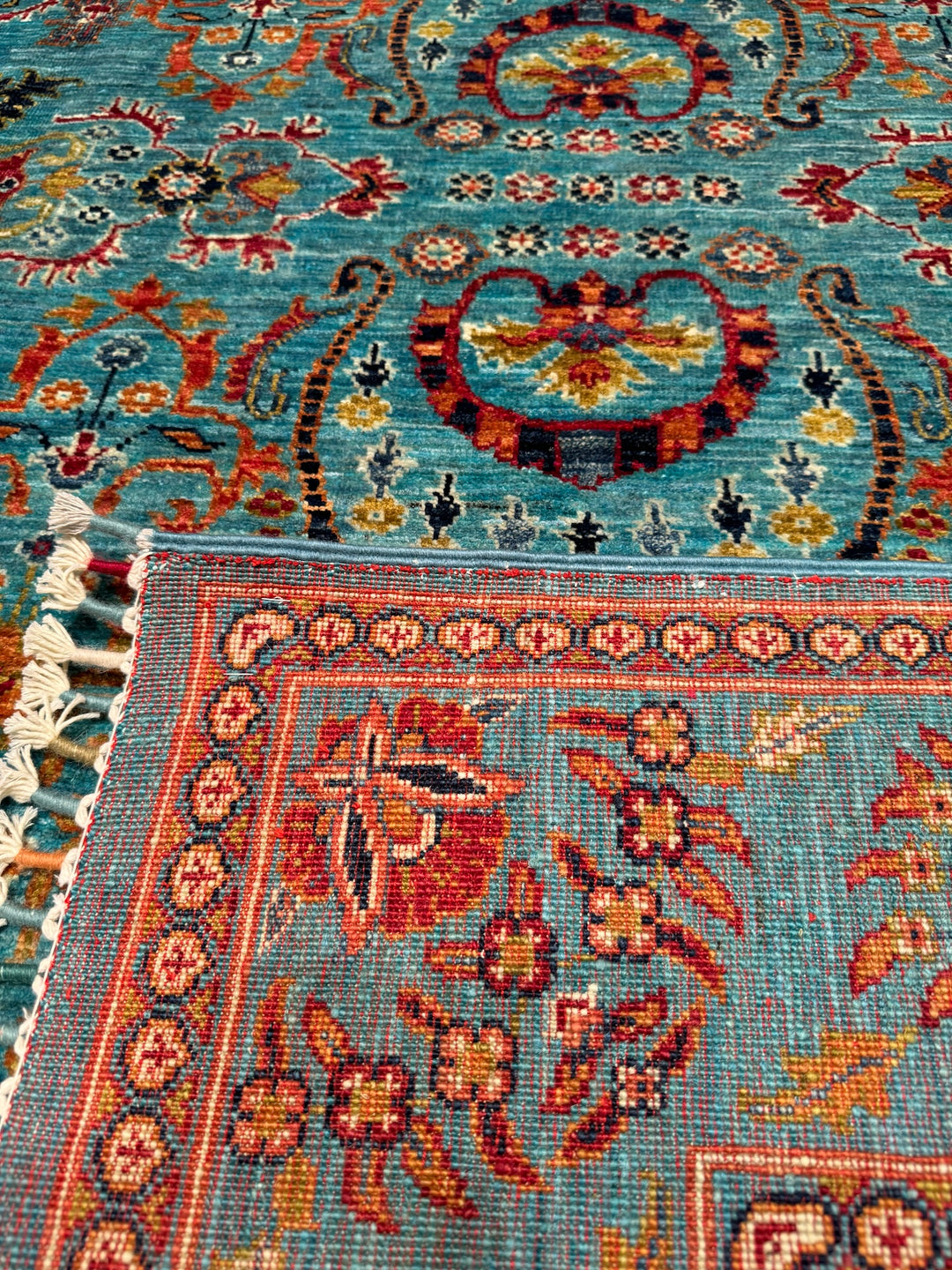 Sultani Binbirgece Original Hand Woven Turquoise Vegetable Dyed Wool Carpet 204x288 5.88 Square Meters - 7x10 ft