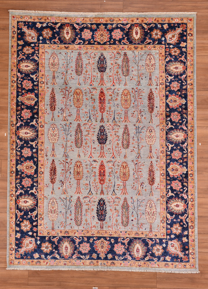 Tree Patterned Uşak Original Hand Woven Gray Vegetable Dyed Wool Carpet 206x276 5.69 Square Meters - 7x10 ft